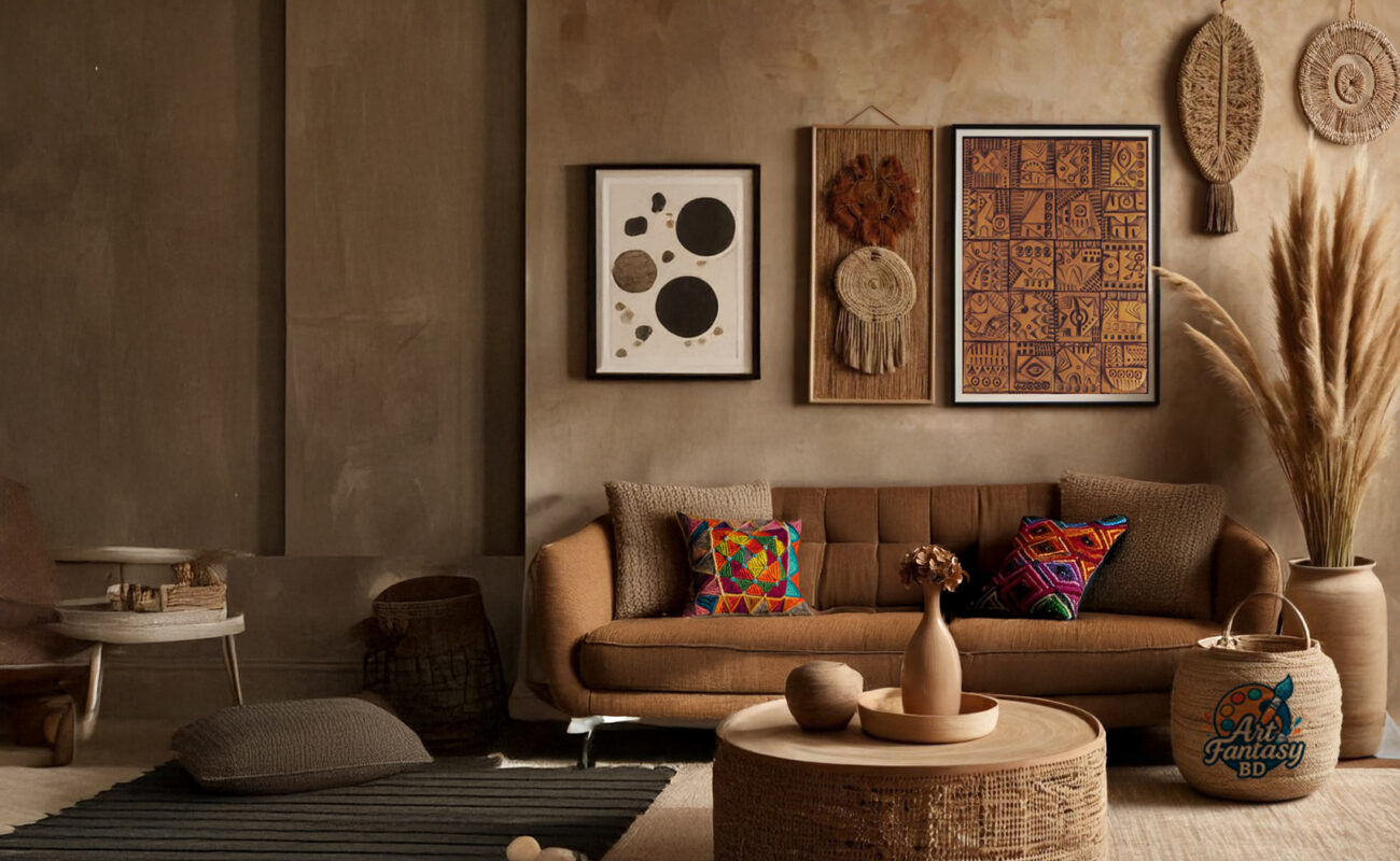 Handcrafted home décor setup with woven wall hangings, natural fiber baskets, and colorful embroidered cushions – Art Fantasy BD.