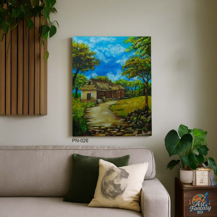Traditional rural landscape painting with thatched-roof village house, stone path, and lush green trees under a bright blue sky, PN-026 by Art Fantasy BD, perfect for cozy and nature-inspired home decor.