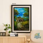 Traditional rural landscape painting with thatched-roof village house, stone path, and lush green trees under a bright blue sky, PN-026 by Art Fantasy BD, perfect for cozy and nature-inspired home decor.