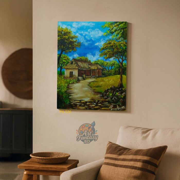 Traditional rural landscape painting with thatched-roof village house, stone path, and lush green trees under a bright blue sky, PN-026 by Art Fantasy BD, perfect for cozy and nature-inspired home decor.