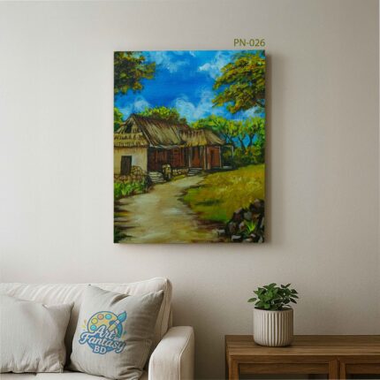 Traditional rural landscape painting with thatched-roof village house, stone path, and lush green trees under a bright blue sky, PN-026 by Art Fantasy BD, perfect for cozy and nature-inspired home decor.