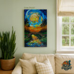 Surreal swirling sky in blue, yellow, and orange over a stone bridge crossing a reflective river, surrounded by lush green trees, PN-027 dreamscape painting by Art Fantasy BD, perfect for modern and cozy home decor.