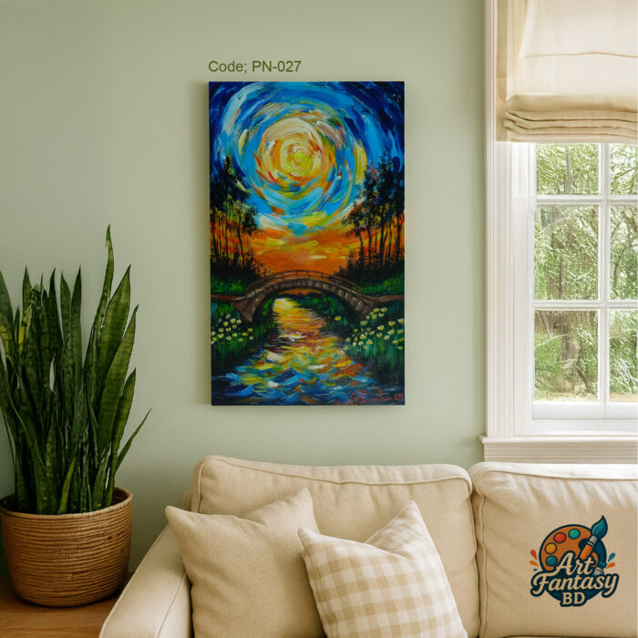 Surreal swirling sky in blue, yellow, and orange over a stone bridge crossing a reflective river, surrounded by lush green trees, PN-027 dreamscape painting by Art Fantasy BD, perfect for modern and cozy home decor.