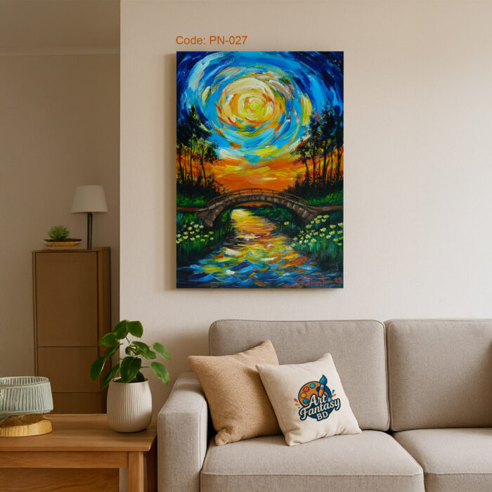Surreal swirling sky in blue, yellow, and orange over a stone bridge crossing a reflective river, surrounded by lush green trees, PN-027 dreamscape painting by Art Fantasy BD, perfect for modern and cozy home decor.