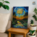 Surreal swirling sky in blue, yellow, and orange over a stone bridge crossing a reflective river, surrounded by lush green trees, PN-027 dreamscape painting by Art Fantasy BD, perfect for modern and cozy home decor.