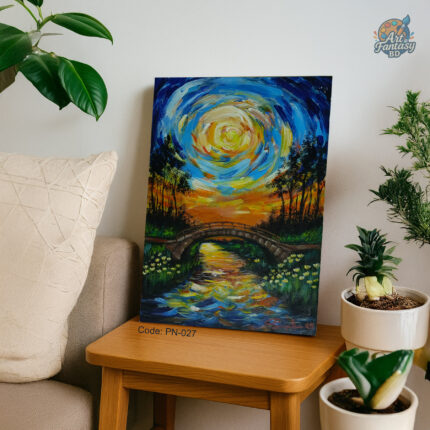Surreal swirling sky in blue, yellow, and orange over a stone bridge crossing a reflective river, surrounded by lush green trees, PN-027 dreamscape painting by Art Fantasy BD, perfect for modern and cozy home decor.