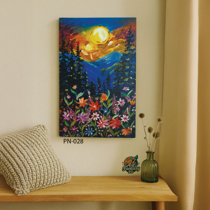 Vibrant sunset or sunrise over mountain horizon with golden sky, dark pine trees in foreground, and colorful wildflowers, PN-028 landscape painting by Art Fantasy BD, perfect for cozy and modern home decor.