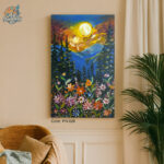 Vibrant sunset or sunrise over mountain horizon with golden sky, dark pine trees in foreground, and colorful wildflowers, PN-028 landscape painting by Art Fantasy BD, perfect for cozy and modern home decor.