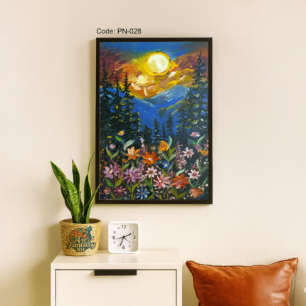 Vibrant sunset or sunrise over mountain horizon with golden sky, dark pine trees in foreground, and colorful wildflowers, PN-028 landscape painting by Art Fantasy BD, perfect for cozy and modern home decor.