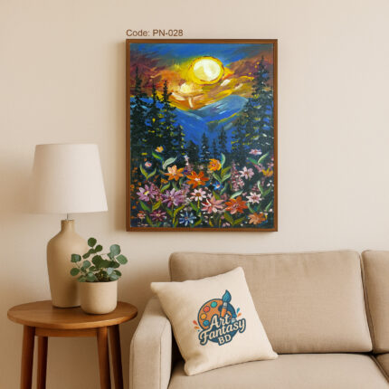Vibrant sunset or sunrise over mountain horizon with golden sky, dark pine trees in foreground, and colorful wildflowers, PN-028 landscape painting by Art Fantasy BD, perfect for cozy and modern home decor.