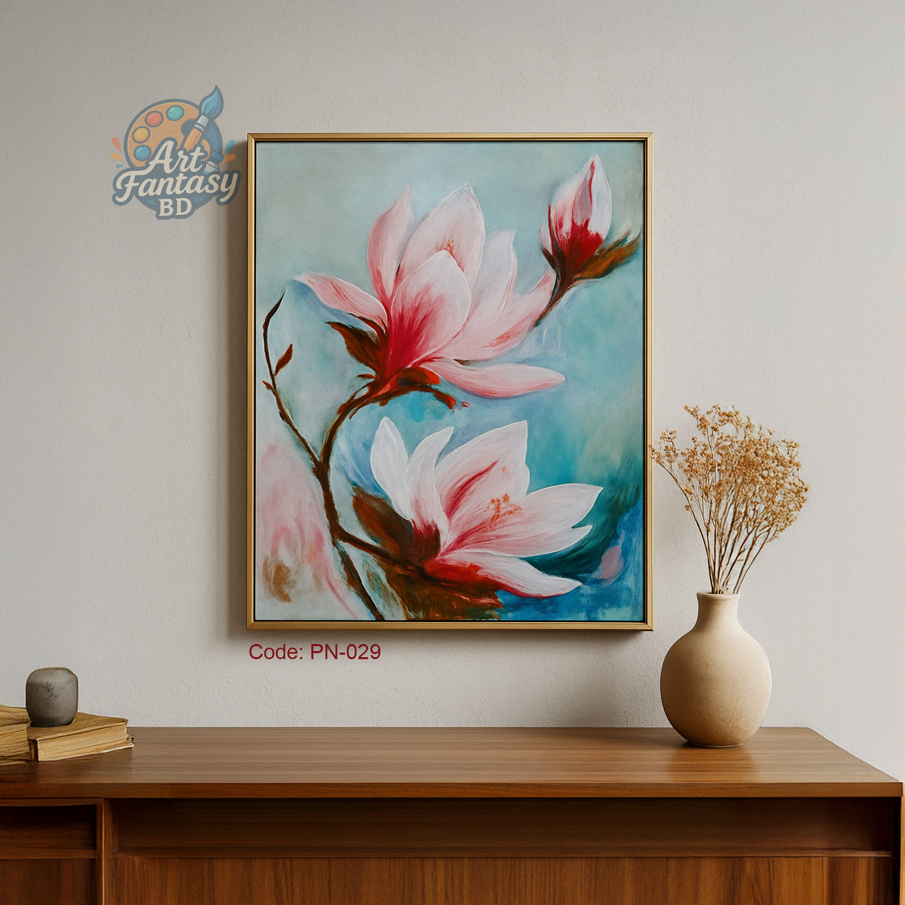 PN-029_V03 Modern Magnolia Flower Painting on Canvas – Wall Decor for Living Room - Image 1