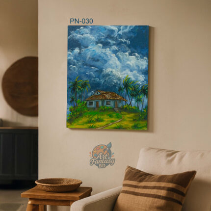 Rustic house surrounded by tall palm trees under a dramatic cloudy sky, vibrant blue and green tropical landscape painting, PN-030 by Art Fantasy BD, perfect for modern and cozy home decor.