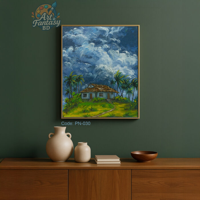Rustic house surrounded by tall palm trees under a dramatic cloudy sky, vibrant blue and green tropical landscape painting, PN-030 by Art Fantasy BD, perfect for modern and cozy home decor.