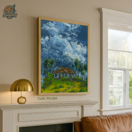 Rustic house surrounded by tall palm trees under a dramatic cloudy sky, vibrant blue and green tropical landscape painting, PN-030 by Art Fantasy BD, perfect for modern and cozy home decor.