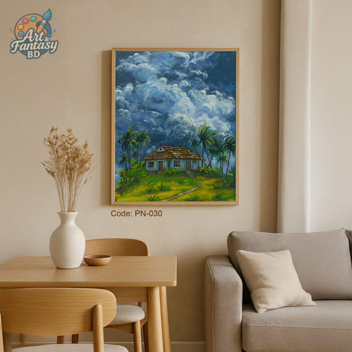 Rustic house surrounded by tall palm trees under a dramatic cloudy sky, vibrant blue and green tropical landscape painting, PN-030 by Art Fantasy BD, perfect for modern and cozy home decor.