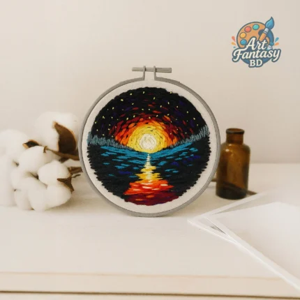 সুতোর বুননে লেকের প্রশান্তি | সূর্যাস্তের সোনালি পথ | সেলাইয়ে বাঁধা সন্ধ্যার গান | আলো-অন্ধকারের মিলনরেখা | প্রকৃতির আয়নায় রঙের খেলা | Hoopart Art