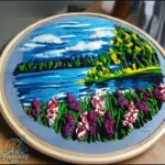 সুতোর বুননে লেকের প্রশান্তি | নীল আকাশের প্রতিফলন | ফুলের রঙে আঁকা প্রকৃতি | সেলাইয়ে বাঁধা লেকের গল্প | প্রকৃতির আয়নায় রঙের খেলা | Hoopart Art - Image 2